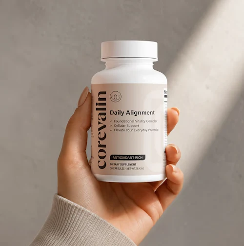 Hand holding a bottle of Corevalin capsules